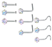 ZS 3-12pcs/lot Stainless Steel Nose Stud Set Round Heart Star CZ Crystal Nose Piercings 3MM L Shape Nostril Piercing Jewelry 20g