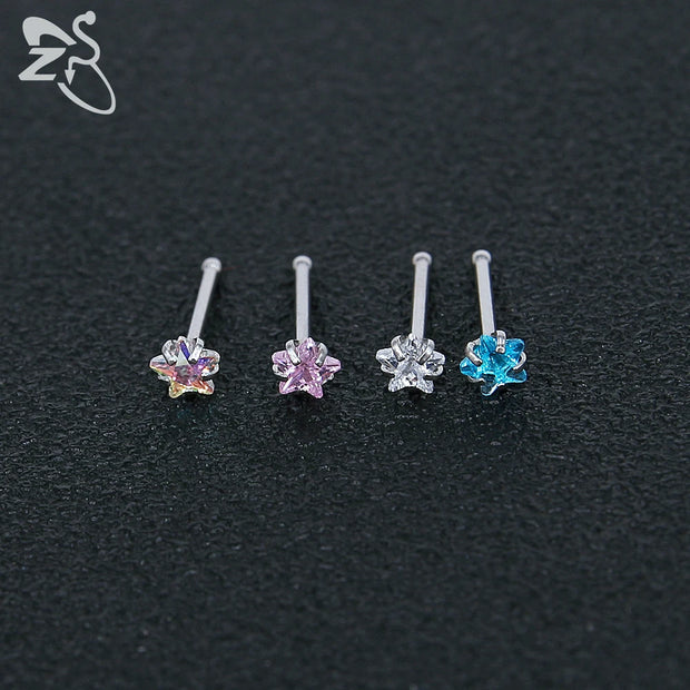 ZS 3-12pcs/lot Stainless Steel Nose Stud Set Round Heart Star CZ Crystal Nose Piercings 3MM L Shape Nostril Piercing Jewelry 20g