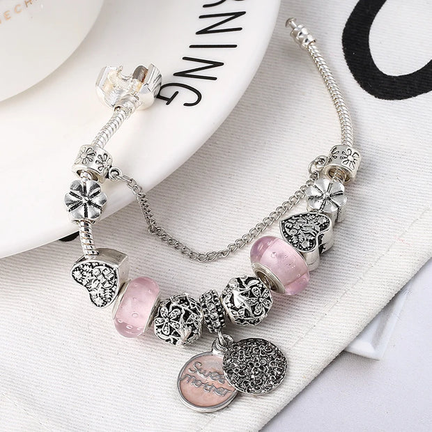 Silver Plated Charm Bracelet & Bangle With Key Lock Crystal Pendant Ball Bracelet For Women Wedding Valentine's Day Jewelry Gift