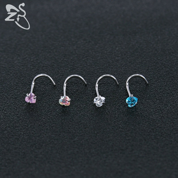 ZS 3-12pcs/lot Stainless Steel Nose Stud Set Round Heart Star CZ Crystal Nose Piercings 3MM L Shape Nostril Piercing Jewelry 20g