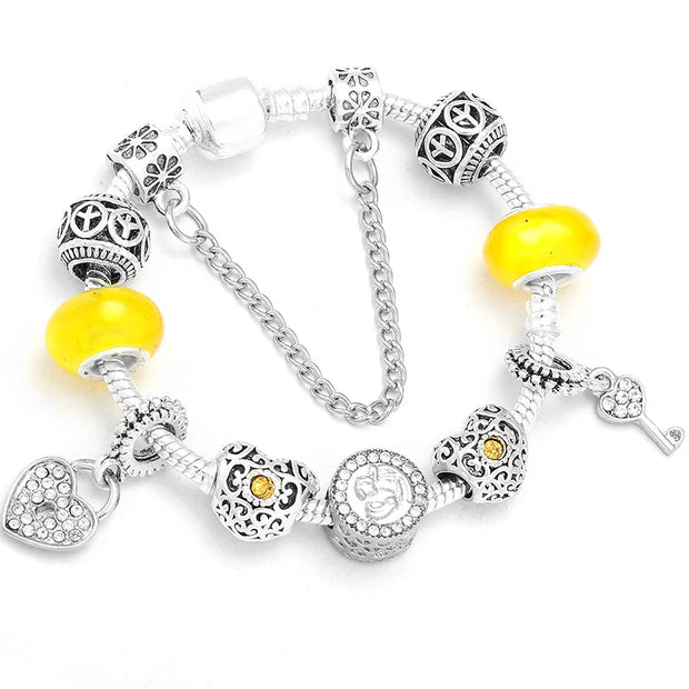 Silver Plated Charm Bracelet & Bangle With Key Lock Crystal Pendant Ball Bracelet For Women Wedding Valentine's Day Jewelry Gift