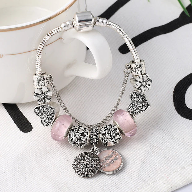 Silver Plated Charm Bracelet & Bangle With Key Lock Crystal Pendant Ball Bracelet For Women Wedding Valentine's Day Jewelry Gift