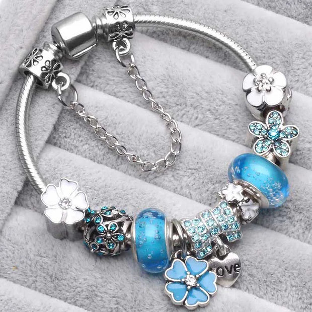 Silver Plated Charm Bracelet & Bangle With Key Lock Crystal Pendant Ball Bracelet For Women Wedding Valentine's Day Jewelry Gift