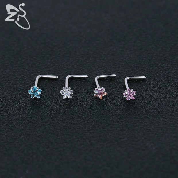 ZS 3-12pcs/lot Stainless Steel Nose Stud Set Round Heart Star CZ Crystal Nose Piercings 3MM L Shape Nostril Piercing Jewelry 20g
