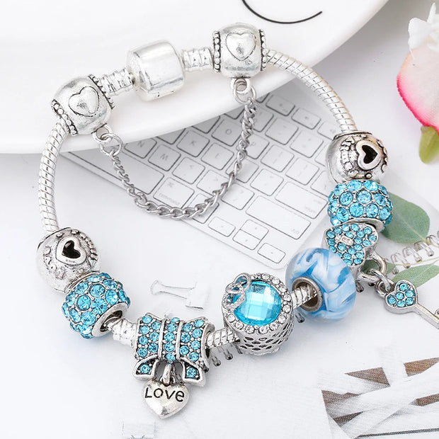 Silver Plated Charm Bracelet & Bangle With Key Lock Crystal Pendant Ball Bracelet For Women Wedding Valentine's Day Jewelry Gift