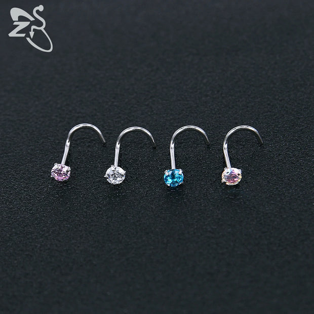 ZS 3-12pcs/lot Stainless Steel Nose Stud Set Round Heart Star CZ Crystal Nose Piercings 3MM L Shape Nostril Piercing Jewelry 20g