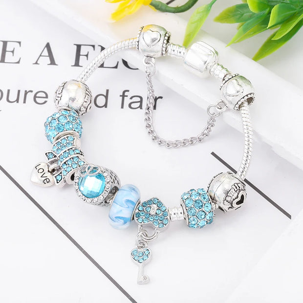 Silver Plated Charm Bracelet & Bangle With Key Lock Crystal Pendant Ball Bracelet For Women Wedding Valentine's Day Jewelry Gift