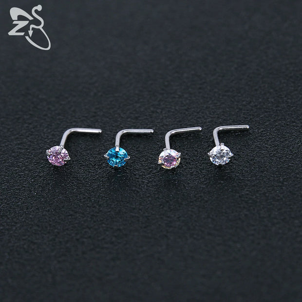 ZS 3-12pcs/lot Stainless Steel Nose Stud Set Round Heart Star CZ Crystal Nose Piercings 3MM L Shape Nostril Piercing Jewelry 20g