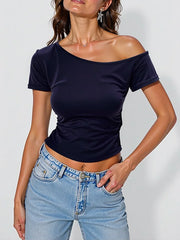 100% Ribbed Cotton Summer Off shoulder Top Women Slim fit Body Summer  Short sleeve T shirt  Female Sexy Basic Tees Korean Chic