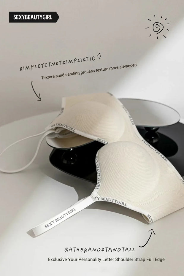 Trendy 2Pcs/Set Women's Seamless Solid Color Bras Sexy Letter Straps Wireless Push Up Underwear New Ladies Deep V Neck Brassiere