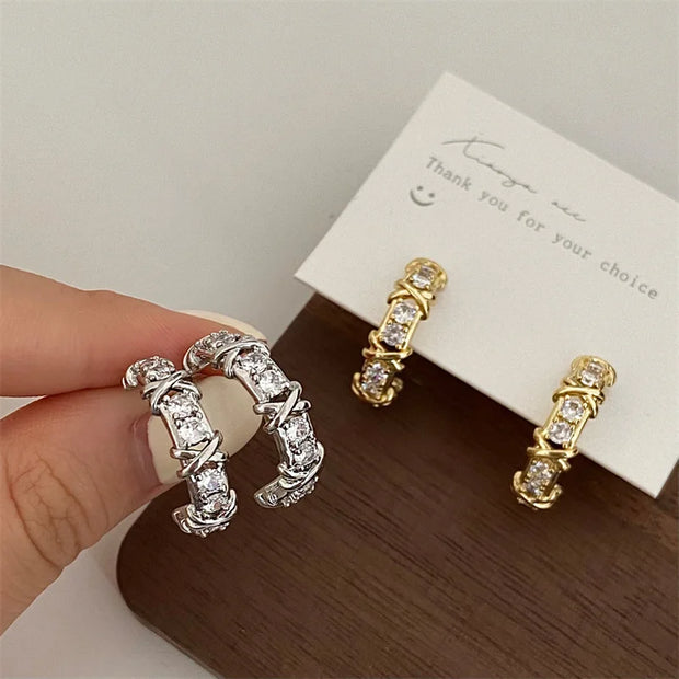 Vintage CC Design Stud Earrings for Women Korean Fashion X Cross Zircon Earring Engagement Jewelry Gifts Wholesale