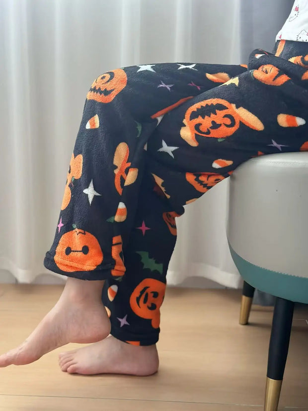 Halloween Hello Kitty Loungewear Pants Cartoon Flannel Pajama Autumn Winter Casual Loose Trousers Ghost Pumpkin Halloween Gift