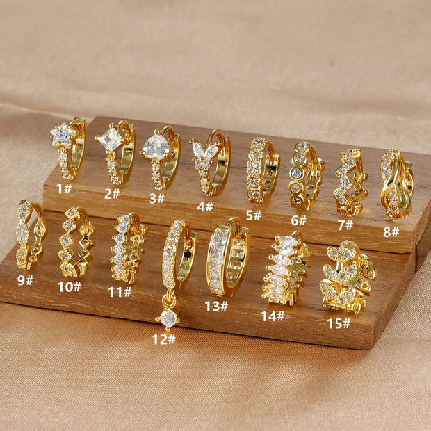 1PC 18K Gold Plated Stainless Steel Round Circle Earrings for Women Teens Cubic Zircon Star Leaf Hoop Earrings Piercing Jewelry