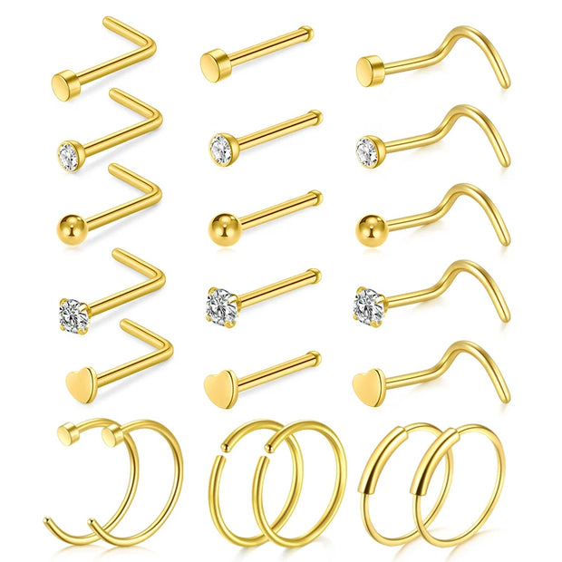 5/6/21Pcs 20G Nose Studs Stainless Steel Nostril Studs Screws Nose Ring Hoop Body Piercing Silver Gold Color Heart Nose Studs