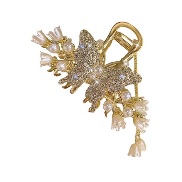 Elegant Butterfly/Flower Hair Claw Clips Gold Color Alloy Hairpins Ponytail Holder Pearls Pendant Headpieces for Women Girls