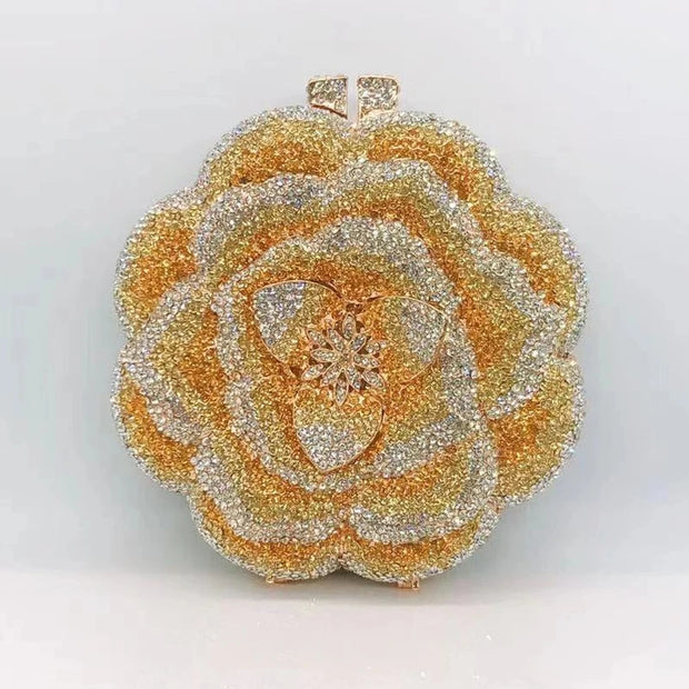 Rose Flower Pink/Green Rhinestones Evening Clutches Women Floral Yellow Crystal Evening Bags Bridal Wedding Party Clutch Purse