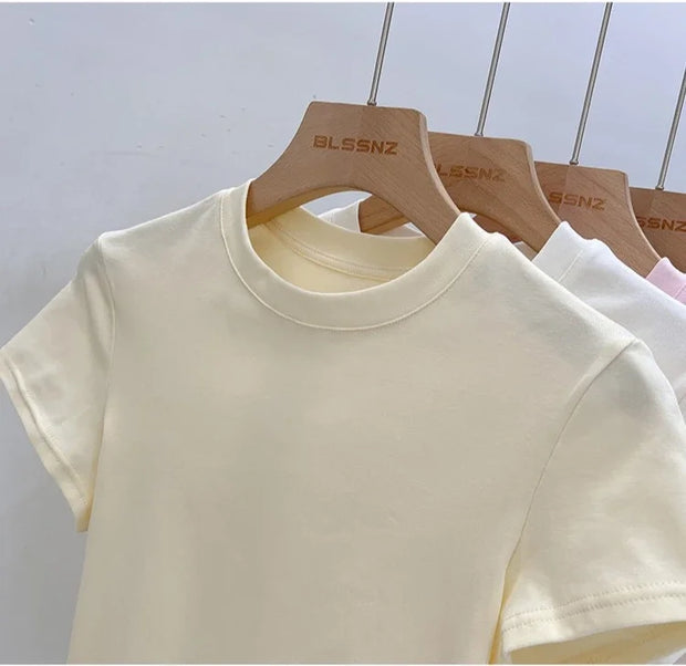 Zjaiss 2025 O-Neck Fashion T-Shirt Summer Sexy Basic Top Solid Short Sleeve Womens Tshirt Casual Korean Tee Streetwear