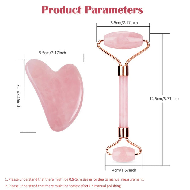 Natural Rose Quartz Jade Roller+Scraping Board Set Facial Massager Jade Stone Roller Gua Sha Face Lifting Massage Tool Skin Care