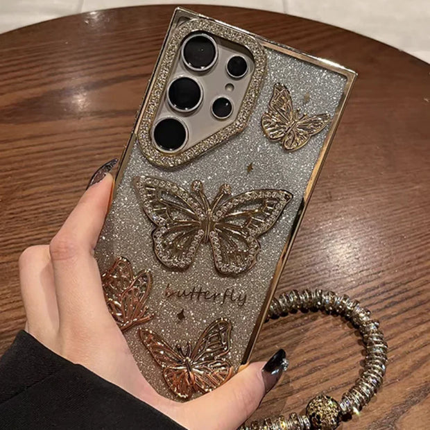 Glitter Butterfly Cases For Samsung S25 Ultra Luxury Hand Lanyard Cover For Galaxy S24Ultra S23 FE Plating Soft Anti-drop Case