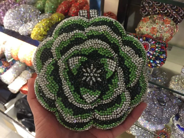 Rose Flower Pink/Green Rhinestones Evening Clutches Women Floral Yellow Crystal Evening Bags Bridal Wedding Party Clutch Purse