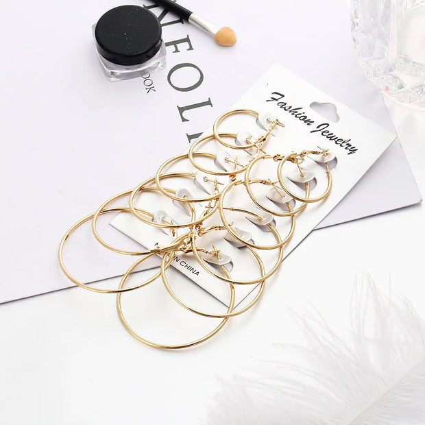 12Pairs/6Pairs Simple Punk Hoop Earrings Set Big Circle Earrings Jewelry for Women Girls Ear Hoops Earring Round Oversized