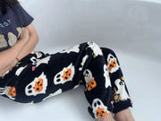 Halloween Hello Kitty Loungewear Pants Cartoon Flannel Pajama Autumn Winter Casual Loose Trousers Ghost Pumpkin Halloween Gift