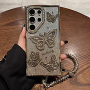 Glitter Butterfly Cases For Samsung S25 Ultra Luxury Hand Lanyard Cover For Galaxy S24Ultra S23 FE Plating Soft Anti-drop Case