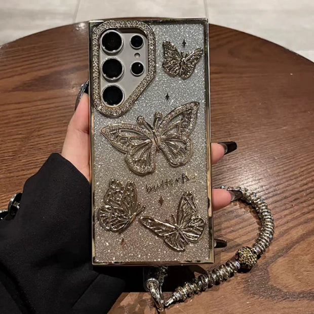 Glitter Butterfly Cases For Samsung S25 Ultra Luxury Hand Lanyard Cover For Galaxy S24Ultra S23 FE Plating Soft Anti-drop Case