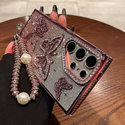 Glitter Butterfly Cases For Samsung S25 Ultra Luxury Hand Lanyard Cover For Galaxy S24Ultra S23 FE Plating Soft Anti-drop Case