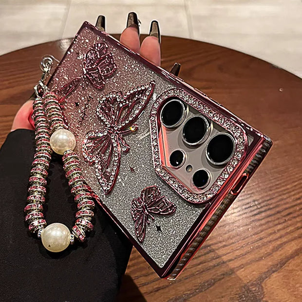 Glitter Butterfly Cases For Samsung S25 Ultra Luxury Hand Lanyard Cover For Galaxy S24Ultra S23 FE Plating Soft Anti-drop Case