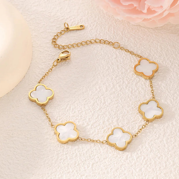 Fashionable New Style Four-Leaf Clover Stainless Steel 18K Gold-Plated Bracelet with Mother-of-Pearl, Non-Fading Jewelry