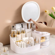Makeup Storage Box With Mirror Desktop Dressing Table Makeup Mirror Cosmetics Jewelry Storage Box Touch Light Storage Organizer