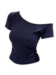 100% Ribbed Cotton Summer Off shoulder Top Women Slim fit Body Summer  Short sleeve T shirt  Female Sexy Basic Tees Korean Chic