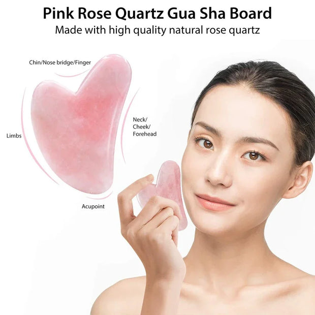 Natural Rose Quartz Jade Roller+Scraping Board Set Facial Massager Jade Stone Roller Gua Sha Face Lifting Massage Tool Skin Care