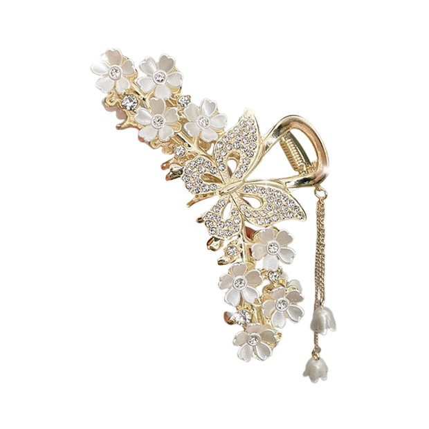 Elegant Butterfly/Flower Hair Claw Clips Gold Color Alloy Hairpins Ponytail Holder Pearls Pendant Headpieces for Women Girls