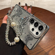 Glitter Butterfly Cases For Samsung S25 Ultra Luxury Hand Lanyard Cover For Galaxy S24Ultra S23 FE Plating Soft Anti-drop Case