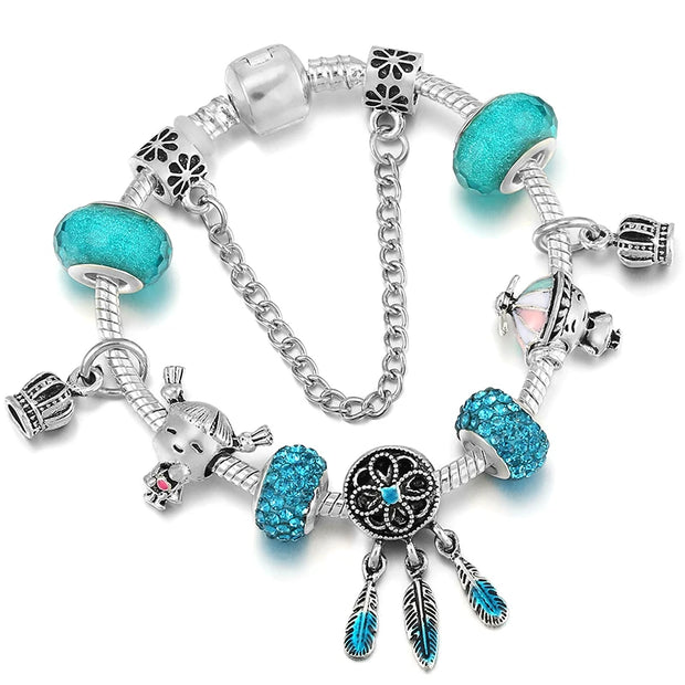 Silver Plated Charm Bracelet & Bangle With Key Lock Crystal Pendant Ball Bracelet For Women Wedding Valentine's Day Jewelry Gift