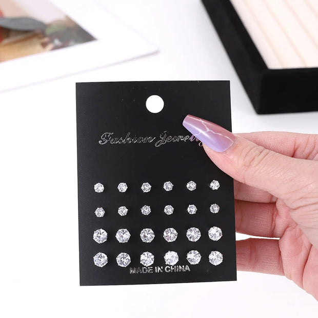 12 Pair/Lot White Shiny Wedding Stud Earrings Set for Women Men Crystal Jewelry Accessories Oorbellen Jewelry Earrings