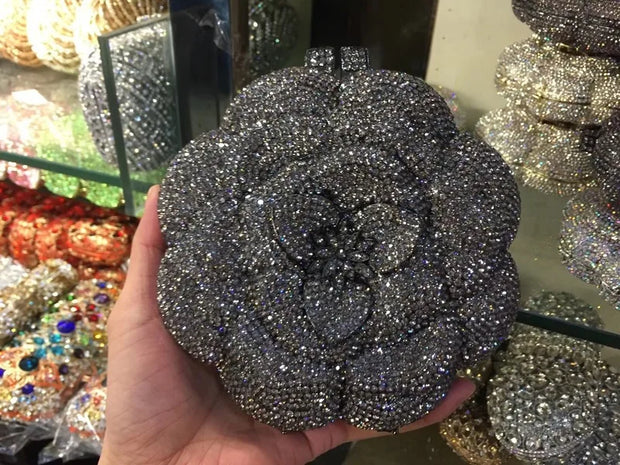 Rose Flower Pink/Green Rhinestones Evening Clutches Women Floral Yellow Crystal Evening Bags Bridal Wedding Party Clutch Purse