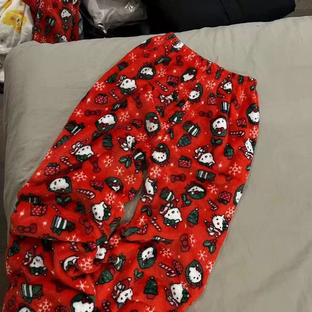 Y2K Christmas Hello Kitty Pajama Pants Anime Flannel Fashion Pants Cute Cartoon Couple Casual Loungewear Women Leisure Trousers