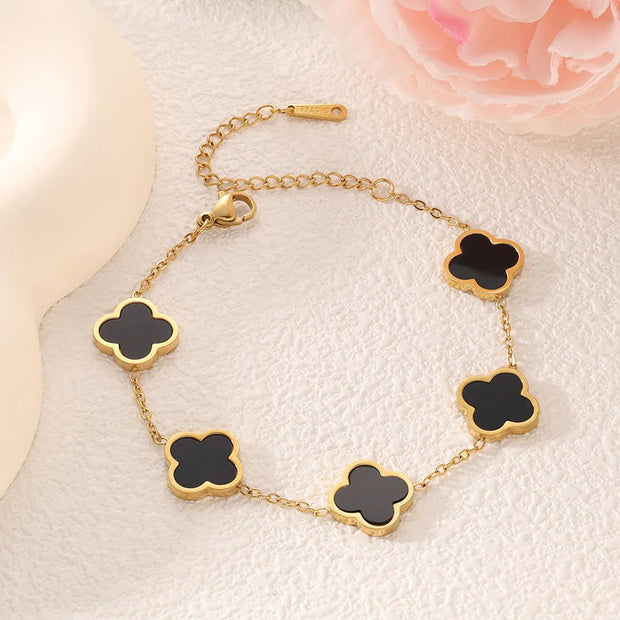 Fashionable New Style Four-Leaf Clover Stainless Steel 18K Gold-Plated Bracelet with Mother-of-Pearl, Non-Fading Jewelry