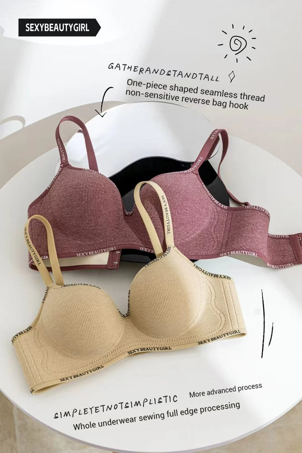 Trendy 2Pcs/Set Women's Seamless Solid Color Bras Sexy Letter Straps Wireless Push Up Underwear New Ladies Deep V Neck Brassiere