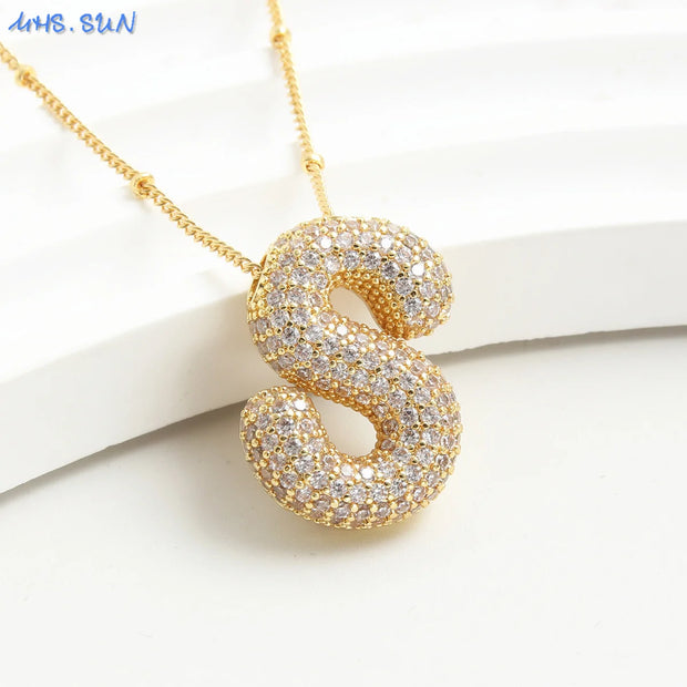 MHS.SUN Gold Plated Balloon 26 Letter Necklaces Copper Zircon Bubble Initial Pendant Chunky Women Personality Chain Jewelry