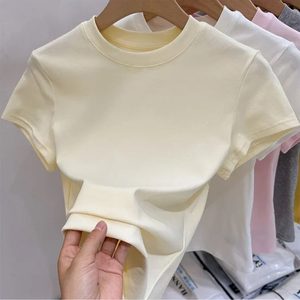 Zjaiss 2025 O-Neck Fashion T-Shirt Summer Sexy Basic Top Solid Short Sleeve Womens Tshirt Casual Korean Tee Streetwear