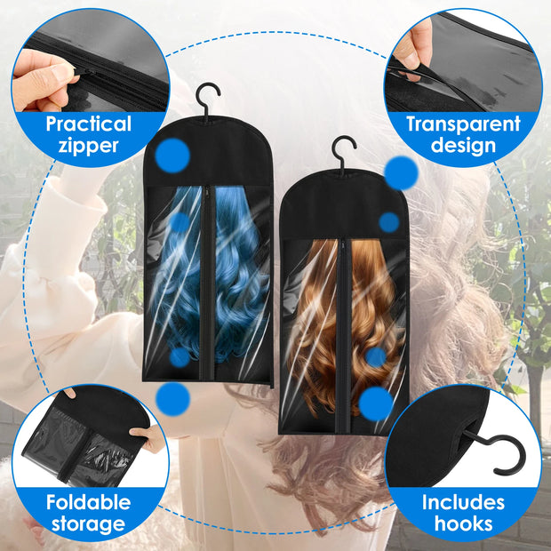 6/12 Pcs Hair Extension Holder Wig Storage PVC Window Dustproof Wig Storage Bags with Hanger Hair Extension Storage Black