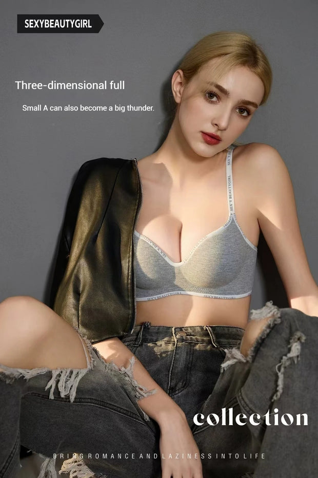 Trendy 2Pcs/Set Women's Seamless Solid Color Bras Sexy Letter Straps Wireless Push Up Underwear New Ladies Deep V Neck Brassiere