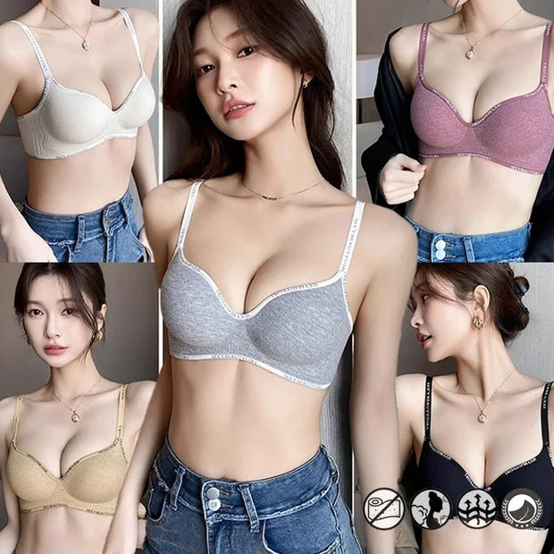 Trendy 2Pcs/Set Women's Seamless Solid Color Bras Sexy Letter Straps Wireless Push Up Underwear New Ladies Deep V Neck Brassiere