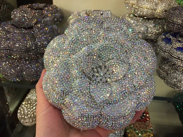Rose Flower Pink/Green Rhinestones Evening Clutches Women Floral Yellow Crystal Evening Bags Bridal Wedding Party Clutch Purse