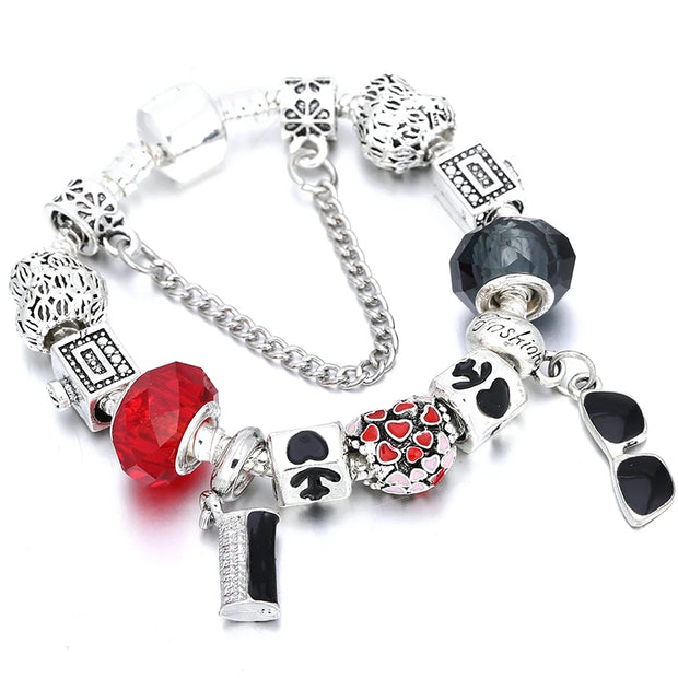 Silver Plated Charm Bracelet & Bangle With Key Lock Crystal Pendant Ball Bracelet For Women Wedding Valentine's Day Jewelry Gift
