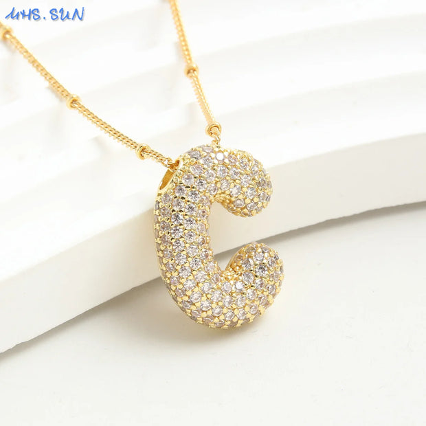 MHS.SUN Gold Plated Balloon 26 Letter Necklaces Copper Zircon Bubble Initial Pendant Chunky Women Personality Chain Jewelry